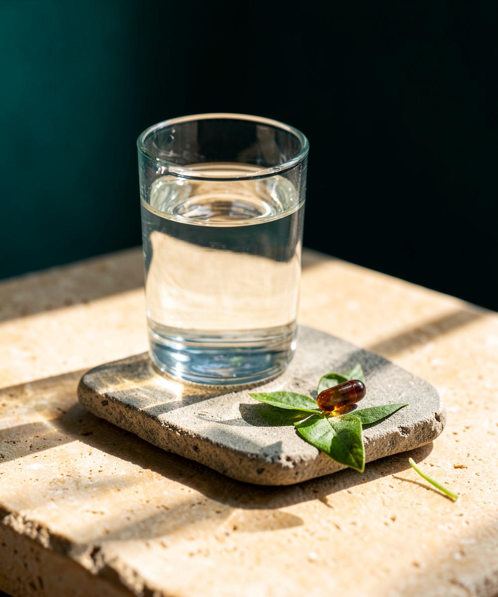 Glass of water and an amber capsule on a stone tray in morning light